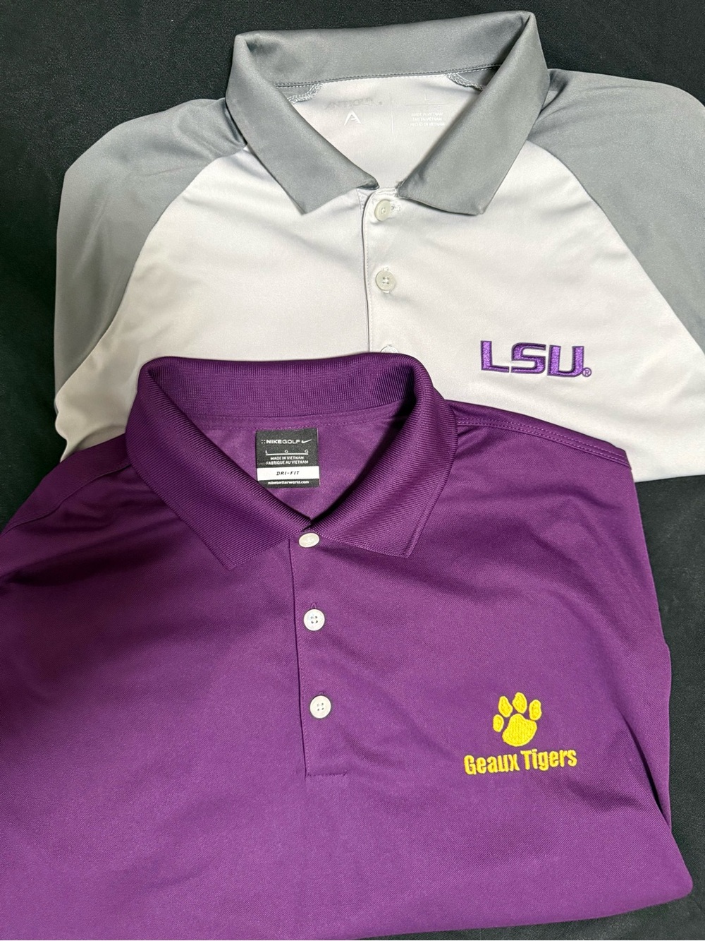 Lot Of 2 LSU Tigers Men’s Large Short Sleeve Polo Shirts Nike & Antigua Prpl Gry